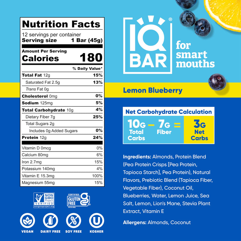 IQBAR Brain and Body Plant Protein Bars - Peanut Butter Chip - 12 Count, Low Carb, High Fiber, Gluten Free, Vegan Snacks - Low Sugar Keto Energy Bars