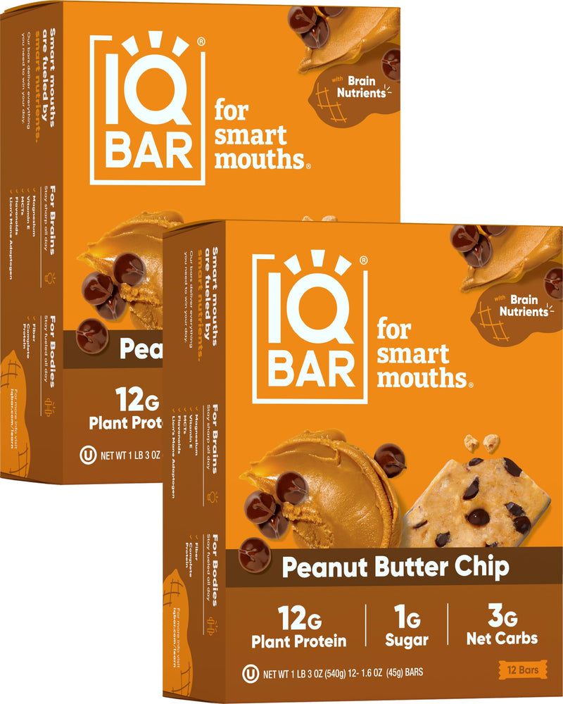 IQBAR Brain and Body Plant Protein Bars - Peanut Butter Chip - 12 Count, Low Carb, High Fiber, Gluten Free, Vegan Snacks - Low Sugar Keto Energy Bars