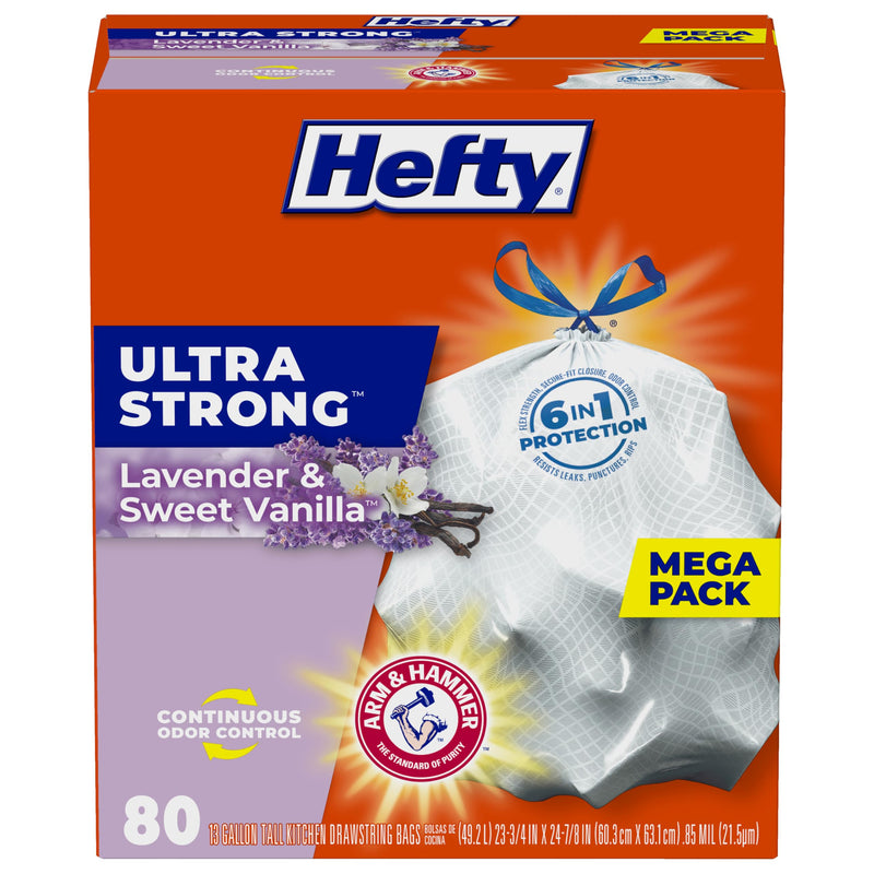 Hefty Ultra Strong 13 Gallon Trash Bags, Tall Kitchen Trash Bags 13 Gallon Size, Drawstring Closure, Continuous Odor Control, White, Clean Burst Scent, 110 Bags