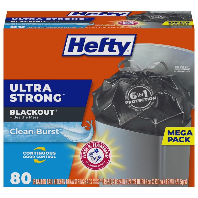Hefty Ultra Strong 13 Gallon Trash Bags, Tall Kitchen Trash Bags 13 Gallon Size, Drawstring Closure, Continuous Odor Control, White, Clean Burst Scent, 110 Bags