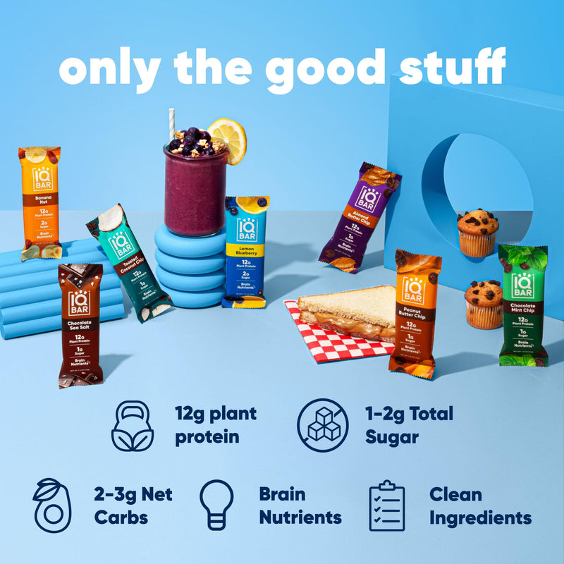 IQBAR Brain and Body Plant Protein Bars - Peanut Butter Chip - 12 Count, Low Carb, High Fiber, Gluten Free, Vegan Snacks - Low Sugar Keto Energy Bars