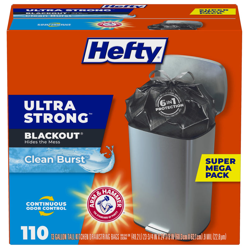 Hefty Ultra Strong 13 Gallon Trash Bags, Tall Kitchen Trash Bags 13 Gallon Size, Drawstring Closure, Continuous Odor Control, White, Clean Burst Scent, 110 Bags