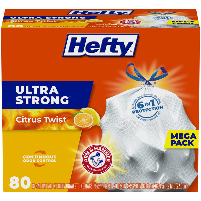Hefty Ultra Strong 13 Gallon Trash Bags, Tall Kitchen Trash Bags 13 Gallon Size, Drawstring Closure, Continuous Odor Control, White, Clean Burst Scent, 110 Bags