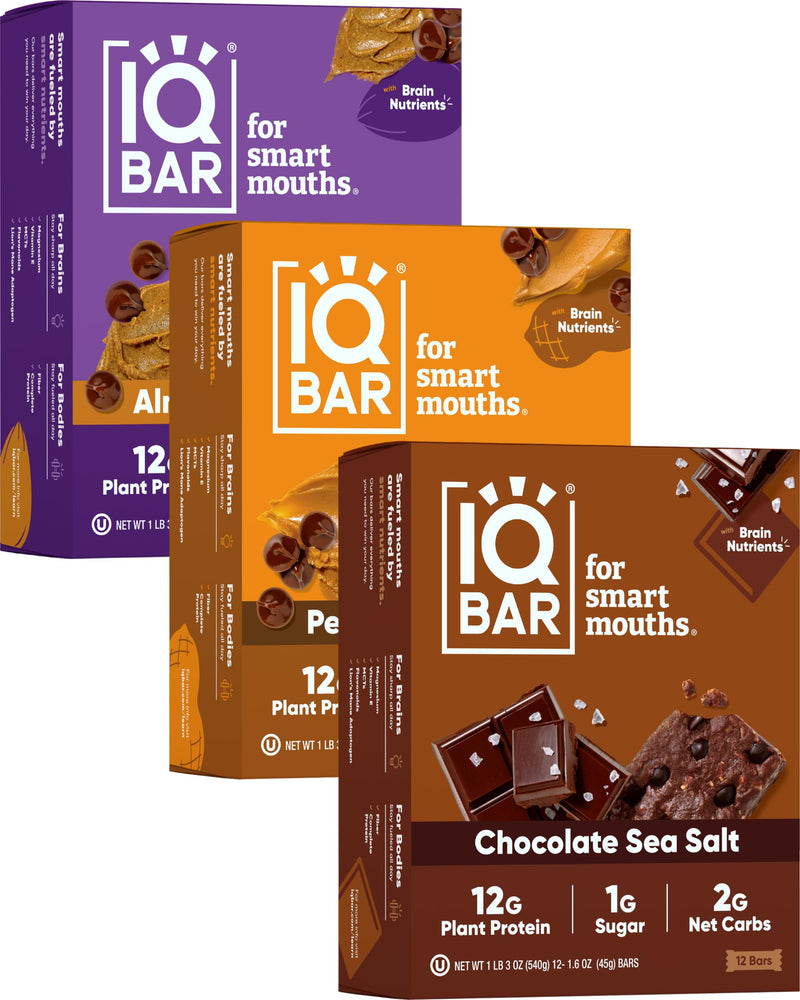 IQBAR Brain and Body Plant Protein Bars - Peanut Butter Chip - 12 Count, Low Carb, High Fiber, Gluten Free, Vegan Snacks - Low Sugar Keto Energy Bars