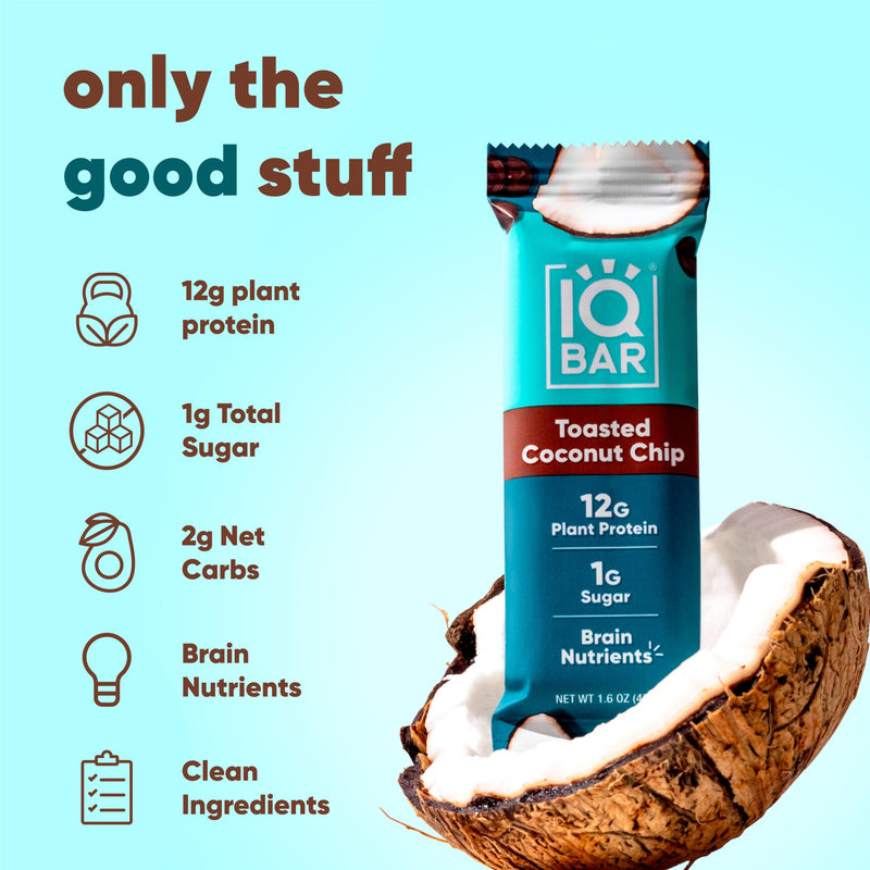 IQBAR Brain and Body Plant Protein Bars - Peanut Butter Chip - 12 Count, Low Carb, High Fiber, Gluten Free, Vegan Snacks - Low Sugar Keto Energy Bars