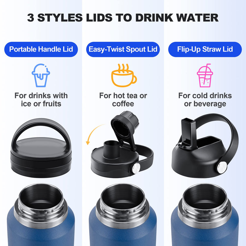 40 oz Insulated Water Bottle with Straw fit in Car Cup Holder(Cold 48 hrs, Hot 24 hrs) Drinking Bottle with Straw Lid, Spout Lid and Flex Cap Leakproof Travel Thermo Mug，White - Black