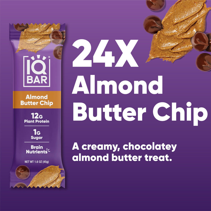 IQBAR Brain and Body Plant Protein Bars - Peanut Butter Chip - 12 Count, Low Carb, High Fiber, Gluten Free, Vegan Snacks - Low Sugar Keto Energy Bars