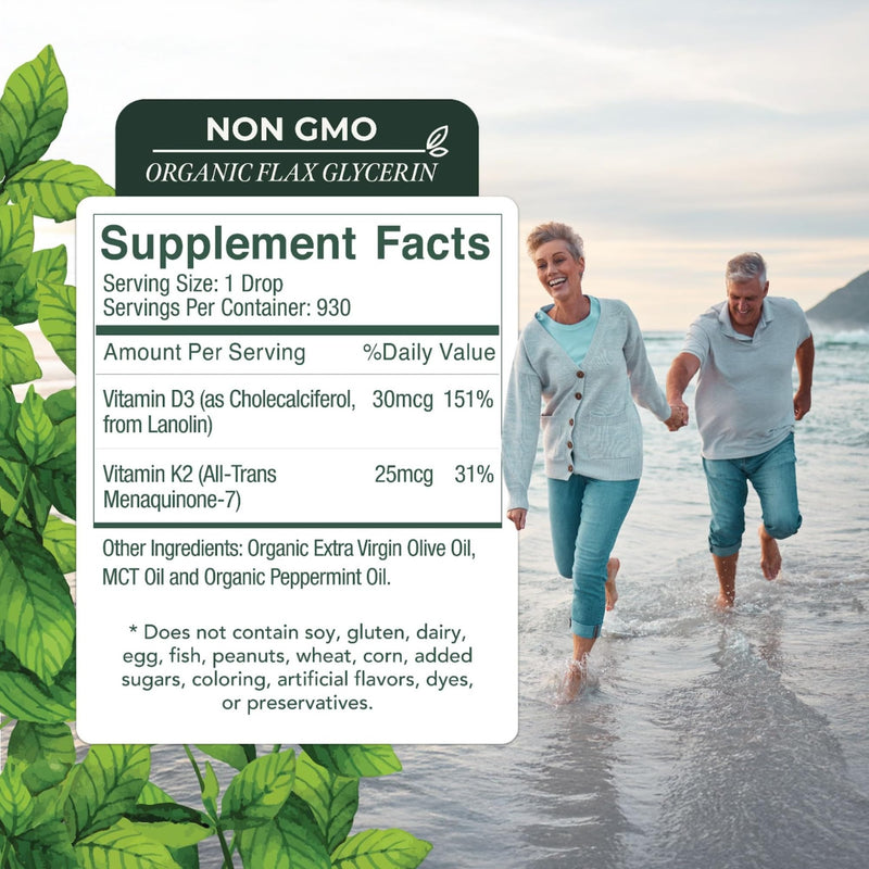 Vitamin D3 with K2 Liquid Drops, All Natural, Non-GMO, 1208iu D3 and 25mcg K2 (mk7) per Serving, Support Your Bones, Immune System and Energy Levels, with or Without Peppermint Oil