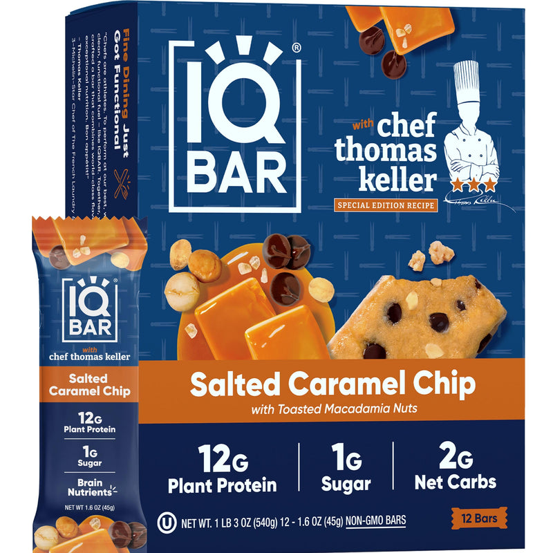 IQBAR Brain and Body Plant Protein Bars - Peanut Butter Chip - 12 Count, Low Carb, High Fiber, Gluten Free, Vegan Snacks - Low Sugar Keto Energy Bars