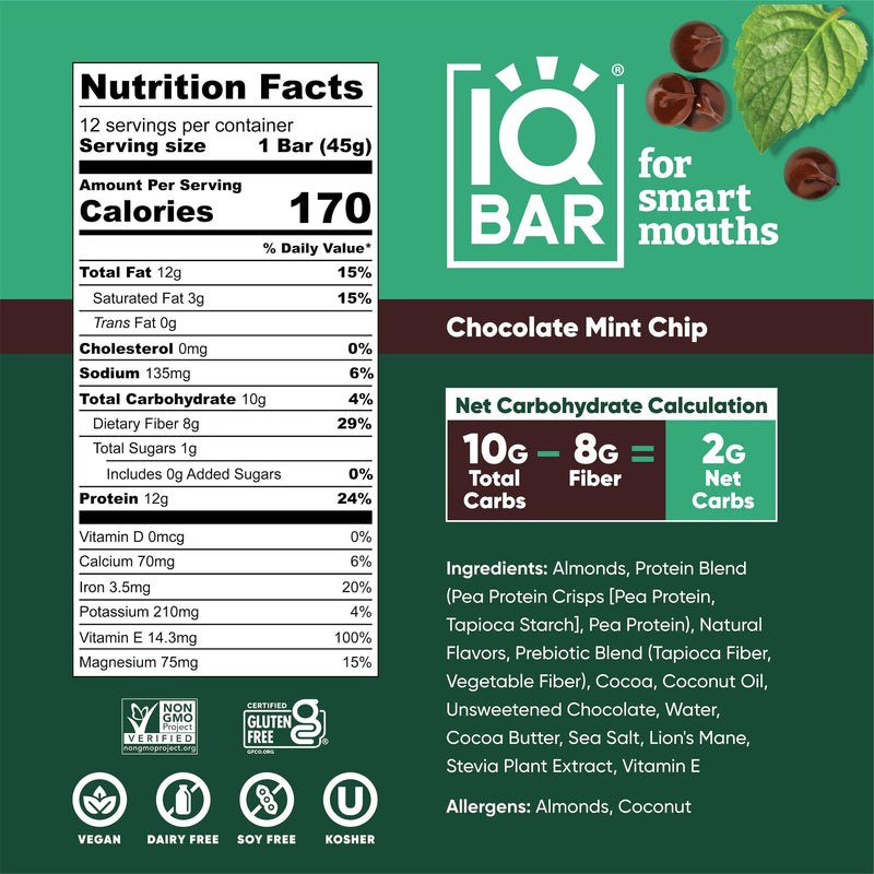 IQBAR Brain and Body Plant Protein Bars - Peanut Butter Chip - 12 Count, Low Carb, High Fiber, Gluten Free, Vegan Snacks - Low Sugar Keto Energy Bars