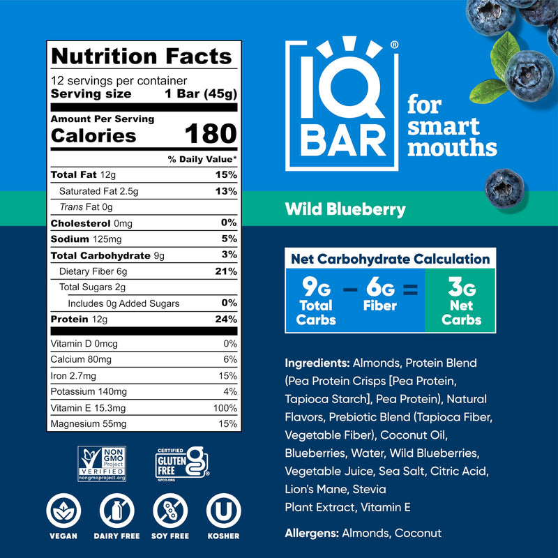 IQBAR Brain and Body Plant Protein Bars - Peanut Butter Chip - 12 Count, Low Carb, High Fiber, Gluten Free, Vegan Snacks - Low Sugar Keto Energy Bars