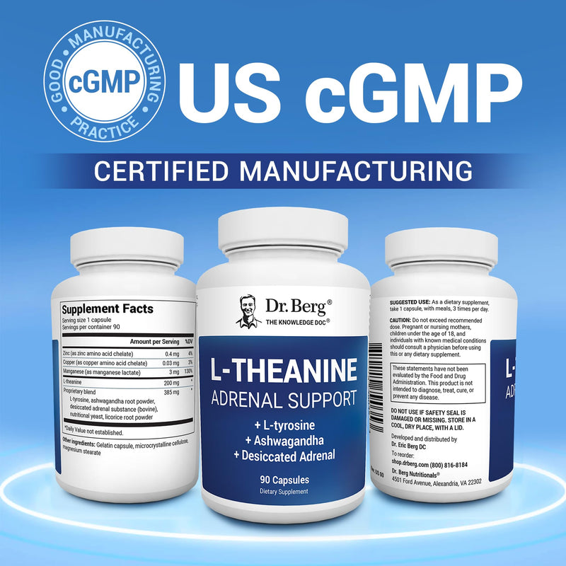Dr. Berg L-Theanine 200mg - Includes Zinc, Copper, L-Tyrosine, & Ashwagandha – L-Theanine Supplement Adrenal Support - for Relaxation, Stress Relief, and Mental Clarity* – 90 Gelatin Capsules