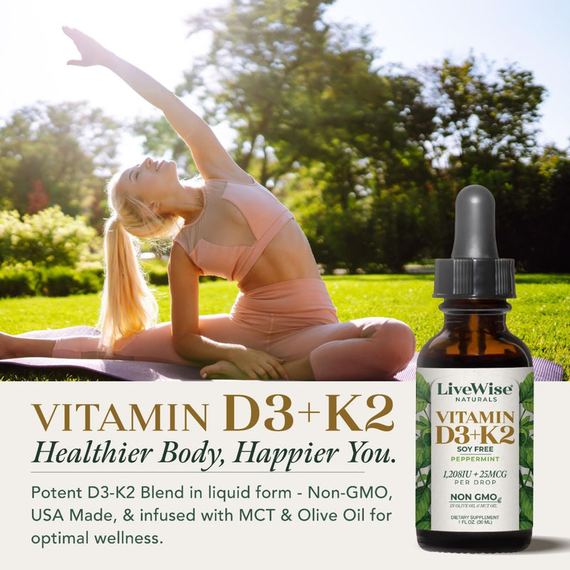 Vitamin D3 with K2 Liquid Drops, All Natural, Non-GMO, 1208iu D3 and 25mcg K2 (mk7) per Serving, Support Your Bones, Immune System and Energy Levels, with or Without Peppermint Oil