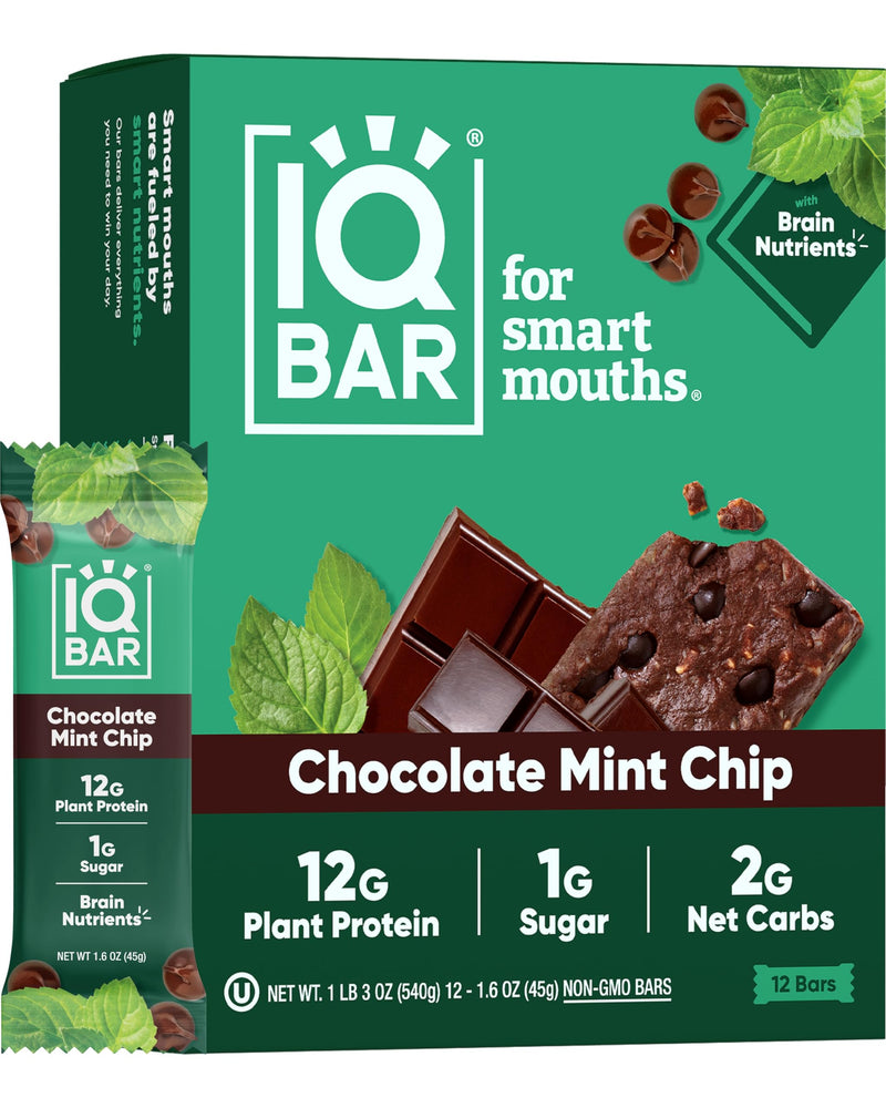 IQBAR Brain and Body Plant Protein Bars - Peanut Butter Chip - 12 Count, Low Carb, High Fiber, Gluten Free, Vegan Snacks - Low Sugar Keto Energy Bars