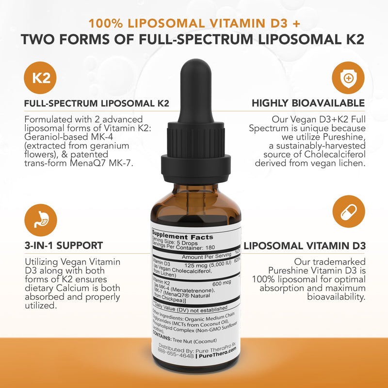 Pure Therapro Rx Vegan D3 + K2 Organic 100% Liposomal | 180 Servings | Maximum Absorption Vitamin D3 and Vitamin K2 Supplements for Men and Women, D3 Vitamin 5000 IU, Liquid Vitamin D3 with K2-20 mL
