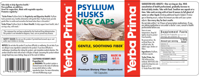 Yerba Prima Psyllium Husks, 180 Veg Capsules (625mg) - Vegan, Non-GMO, Gluten Free, Colon Cleanser, Daily Fiber Supplement for Gut Health & Regularity