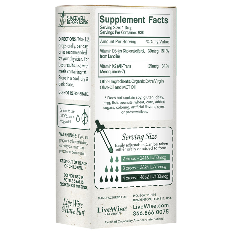 Vitamin D3 with K2 Liquid Drops, All Natural, Non-GMO, 1208iu D3 and 25mcg K2 (mk7) per Serving, Support Your Bones, Immune System and Energy Levels, with or Without Peppermint Oil