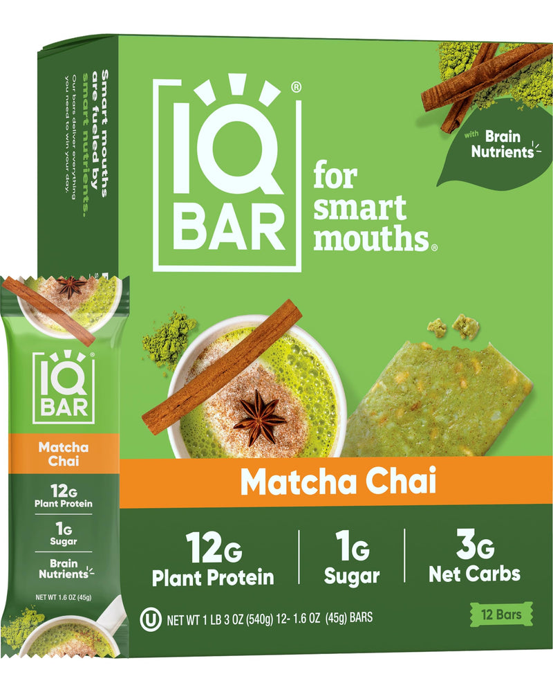 IQBAR Brain and Body Plant Protein Bars - Peanut Butter Chip - 12 Count, Low Carb, High Fiber, Gluten Free, Vegan Snacks - Low Sugar Keto Energy Bars
