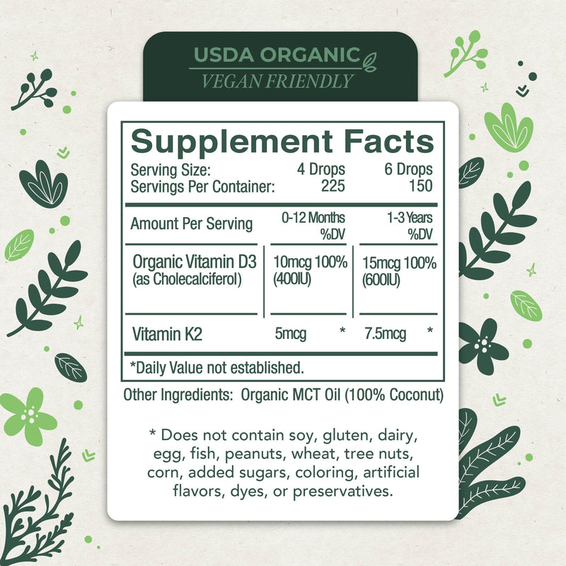 Vitamin D3 with K2 Liquid Drops, All Natural, Non-GMO, 1208iu D3 and 25mcg K2 (mk7) per Serving, Support Your Bones, Immune System and Energy Levels, with or Without Peppermint Oil
