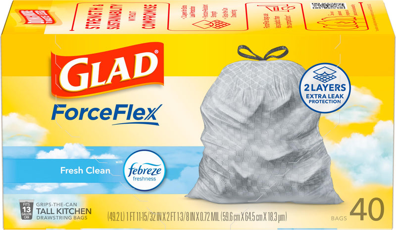 Glad Tall Kitchen Drawstring Trash Bags - Odorshield 13 Gallon White Trash Bag, Febreze Fresh Clean, 110 Count