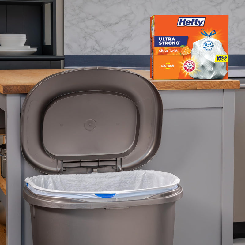 Hefty Ultra Strong 13 Gallon Trash Bags, Tall Kitchen Trash Bags 13 Gallon Size, Drawstring Closure, Continuous Odor Control, White, Clean Burst Scent, 110 Bags