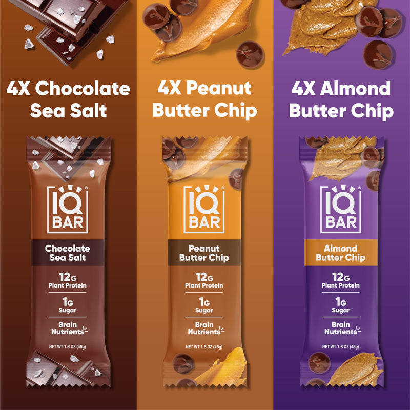 IQBAR Brain and Body Plant Protein Bars - Peanut Butter Chip - 12 Count, Low Carb, High Fiber, Gluten Free, Vegan Snacks - Low Sugar Keto Energy Bars