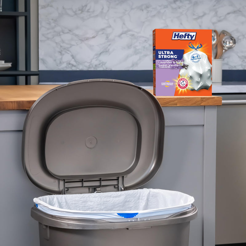 Hefty Ultra Strong 13 Gallon Trash Bags, Tall Kitchen Trash Bags 13 Gallon Size, Drawstring Closure, Continuous Odor Control, White, Clean Burst Scent, 110 Bags