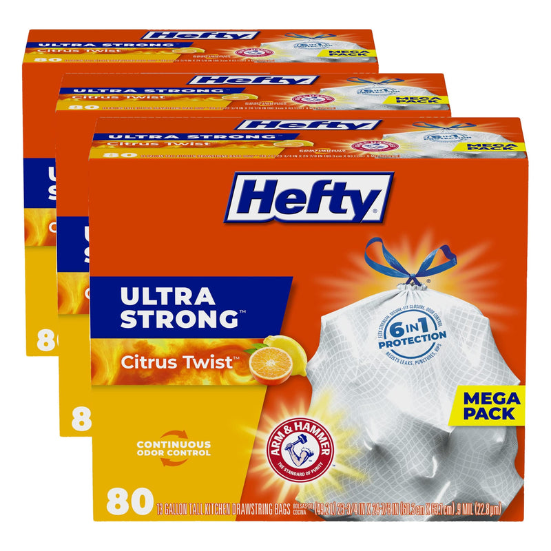 Hefty Ultra Strong 13 Gallon Trash Bags, Tall Kitchen Trash Bags 13 Gallon Size, Drawstring Closure, Continuous Odor Control, White, Clean Burst Scent, 110 Bags