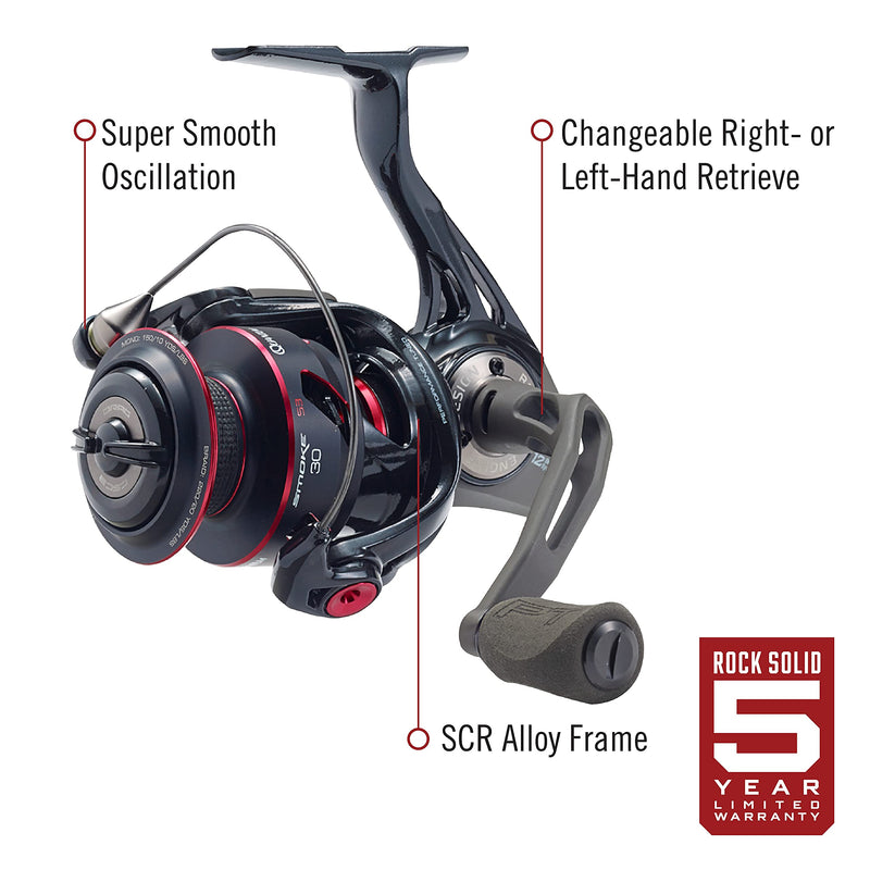 Quantum Smoke Spinning Fishing Reel, Size 30 Reel, Changeable Right- or Left-Hand Retrieve, Continuous Anti-Reverse Clutch with NiTi Indestructible Bail, SCR Alloy Frame, Black