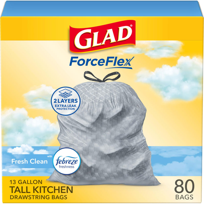 Glad Tall Kitchen Drawstring Trash Bags - Odorshield 13 Gallon White Trash Bag, Febreze Fresh Clean, 110 Count