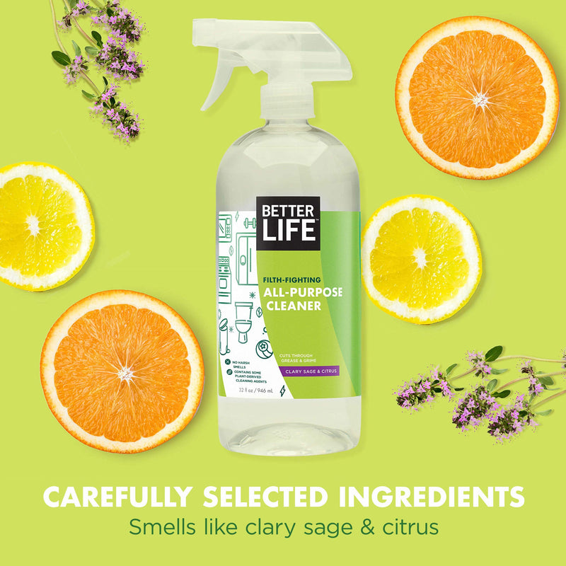 Better Life All Purpose Cleaner - Multipurpose Home and Kitchen Cleaning Spray for Glass, Countertops, Appliances, Upholstery & More - Multi-surface Spray Cleaner - 32oz Clary Sage & Citrus