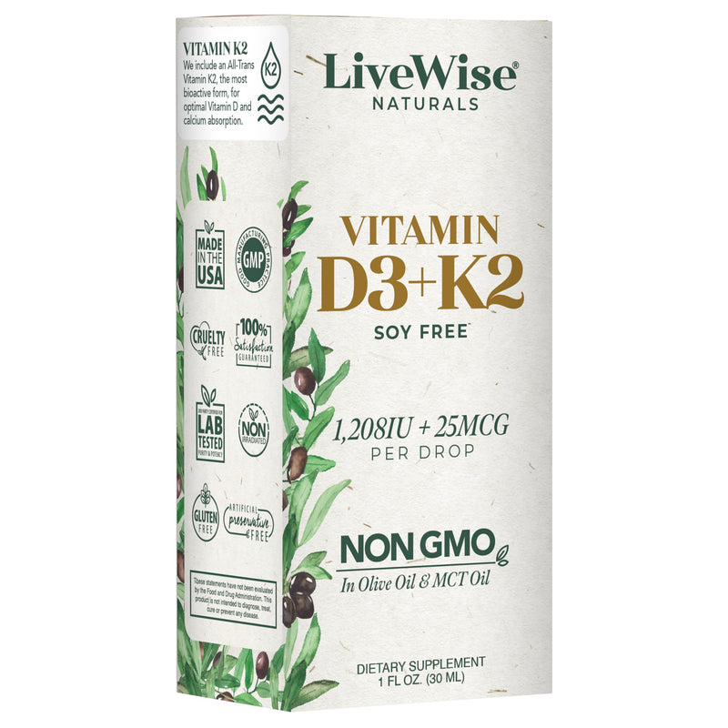 Vitamin D3 with K2 Liquid Drops, All Natural, Non-GMO, 1208iu D3 and 25mcg K2 (mk7) per Serving, Support Your Bones, Immune System and Energy Levels, with or Without Peppermint Oil