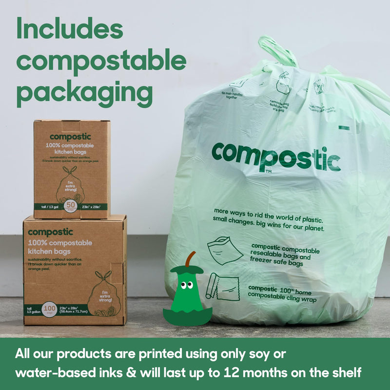 Compostic Home Compostable Trash Bags, 13 Gallon Tall Kitchen Rubbish Bags (23” x 29”), Extra Strong & Quickly Breaks Down, 100 Count