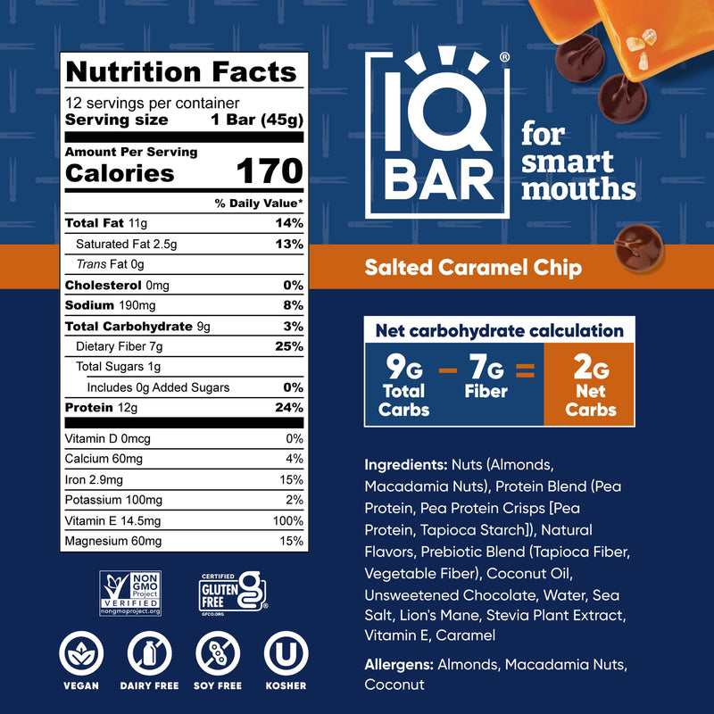 IQBAR Brain and Body Plant Protein Bars - Peanut Butter Chip - 12 Count, Low Carb, High Fiber, Gluten Free, Vegan Snacks - Low Sugar Keto Energy Bars