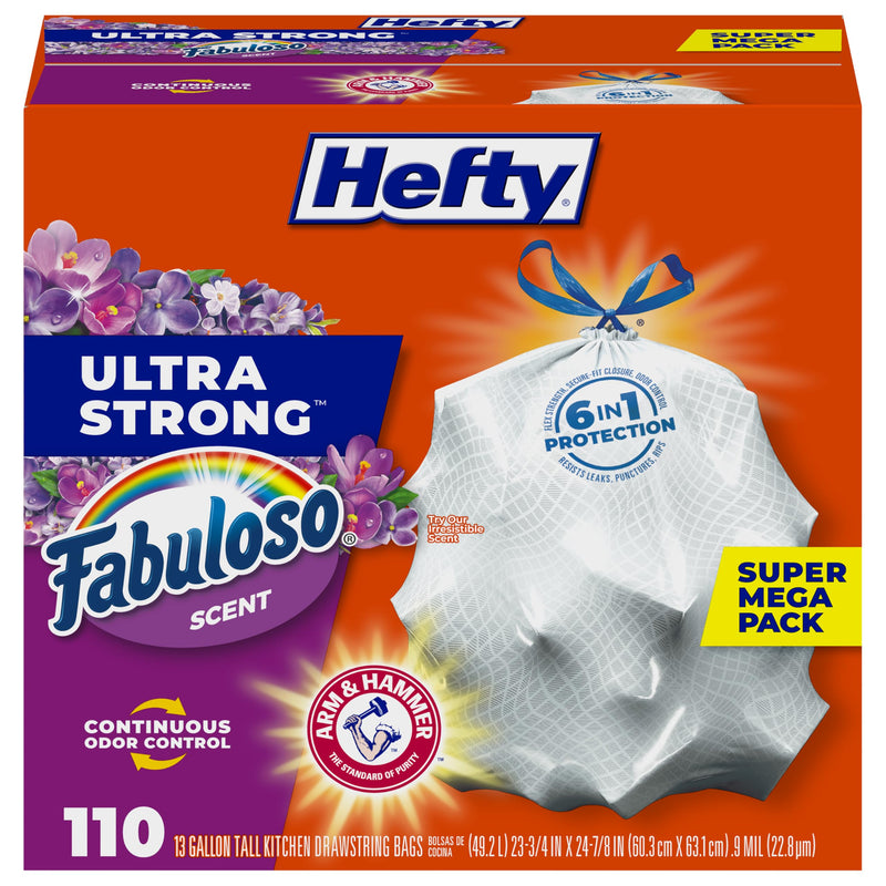 Hefty Ultra Strong 13 Gallon Trash Bags, Tall Kitchen Trash Bags 13 Gallon Size, Drawstring Closure, Continuous Odor Control, White, Clean Burst Scent, 110 Bags