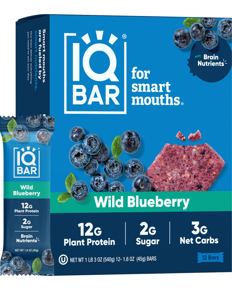 IQBAR Brain and Body Plant Protein Bars - Peanut Butter Chip - 12 Count, Low Carb, High Fiber, Gluten Free, Vegan Snacks - Low Sugar Keto Energy Bars