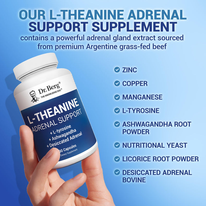 Dr. Berg L-Theanine 200mg - Includes Zinc, Copper, L-Tyrosine, & Ashwagandha – L-Theanine Supplement Adrenal Support - for Relaxation, Stress Relief, and Mental Clarity* – 90 Gelatin Capsules
