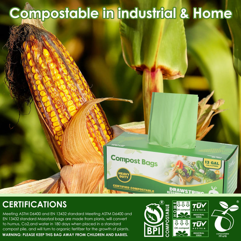 13 Gallon Compostable Trash Bags with Drawstring, Heavy Duty Extra Thick 1 Mil, 49.21 Liter, Tear Resistant and Odorless Kitchen Food Scrap Waste Bag, US BPI and OK Compost Home Certified (30 Count)