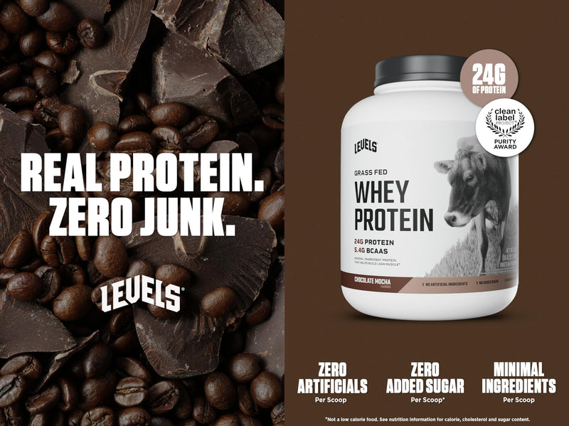 Levels Grass Fed Whey Protein Powder, No Artificials, 24G of Protein, Double Chocolate, 5LB