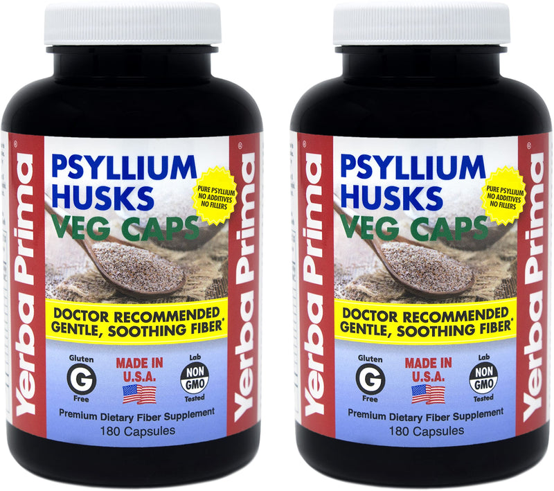 Yerba Prima Psyllium Husks, 180 Veg Capsules (625mg) - Vegan, Non-GMO, Gluten Free, Colon Cleanser, Daily Fiber Supplement for Gut Health & Regularity