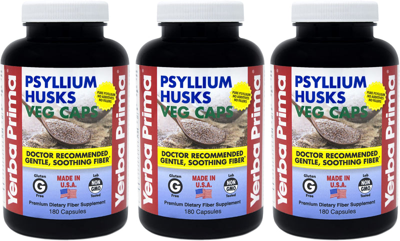 Yerba Prima Psyllium Husks, 180 Veg Capsules (625mg) - Vegan, Non-GMO, Gluten Free, Colon Cleanser, Daily Fiber Supplement for Gut Health & Regularity