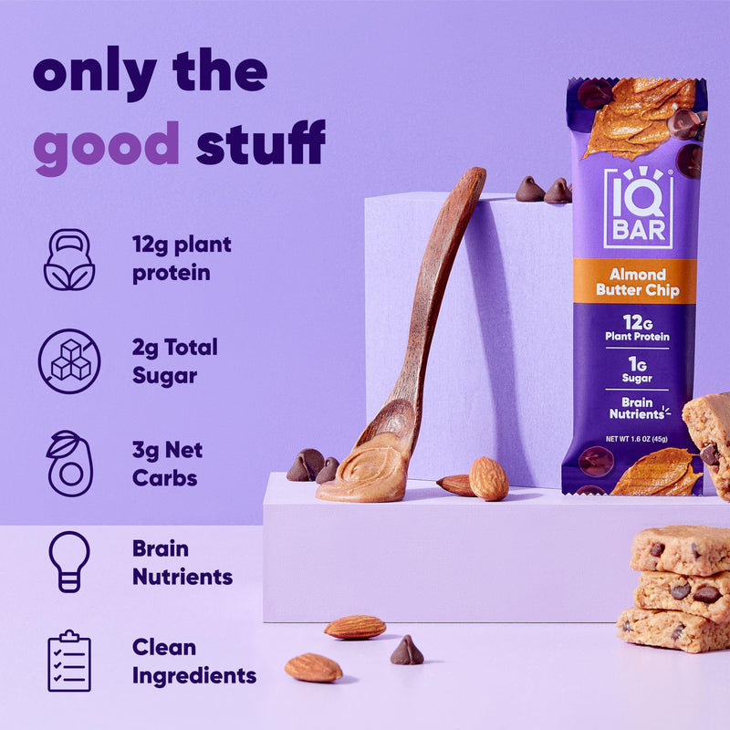 IQBAR Brain and Body Plant Protein Bars - Peanut Butter Chip - 12 Count, Low Carb, High Fiber, Gluten Free, Vegan Snacks - Low Sugar Keto Energy Bars