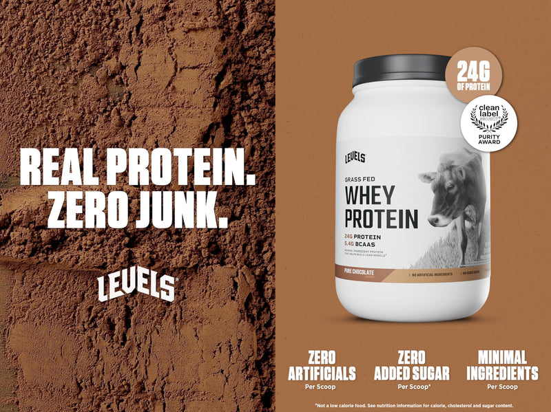 Levels Grass Fed Whey Protein Powder, No Artificials, 24G of Protein, Double Chocolate, 5LB