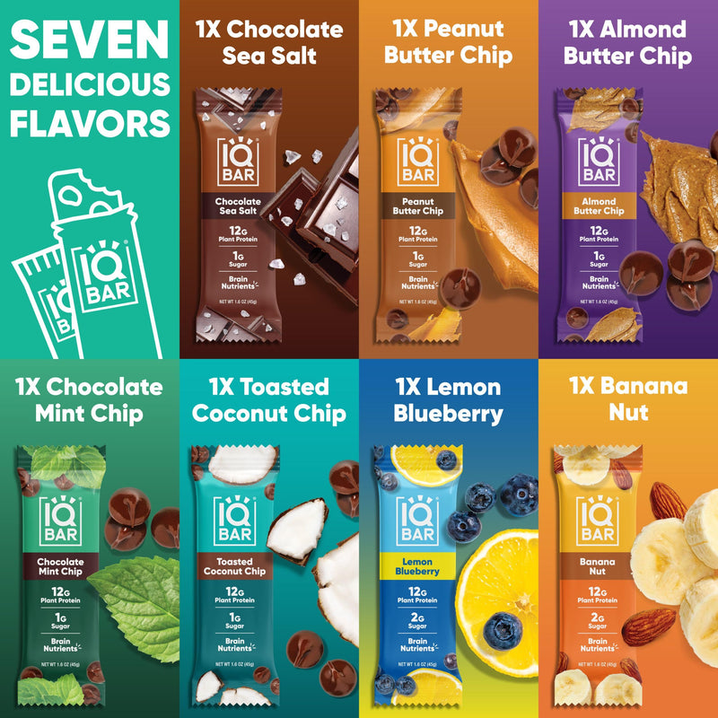IQBAR Brain and Body Plant Protein Bars - Peanut Butter Chip - 12 Count, Low Carb, High Fiber, Gluten Free, Vegan Snacks - Low Sugar Keto Energy Bars