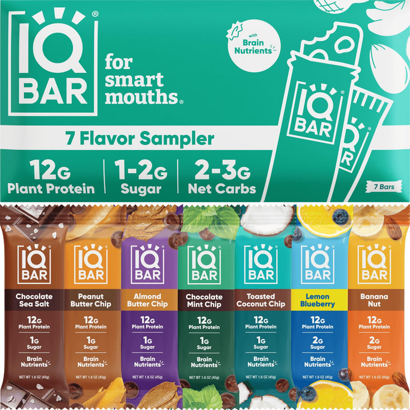 IQBAR Brain and Body Plant Protein Bars - Peanut Butter Chip - 12 Count, Low Carb, High Fiber, Gluten Free, Vegan Snacks - Low Sugar Keto Energy Bars