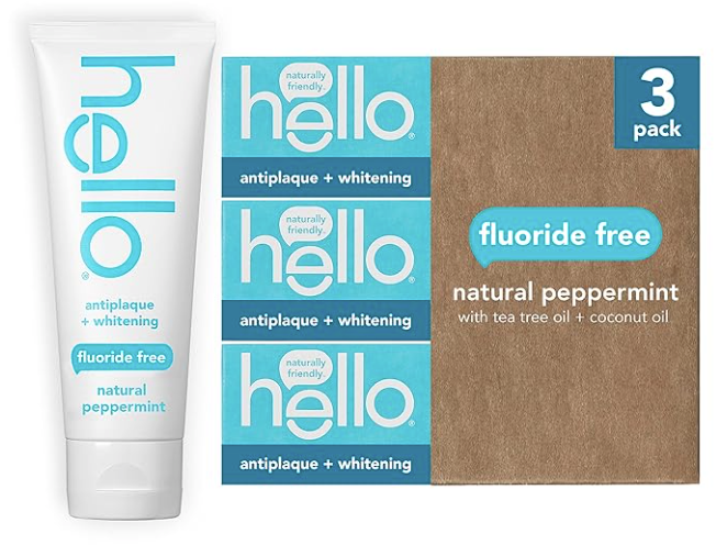 Hello Antiplaque Toothpaste, Fluoride Free for Teeth Whitening with Natural Peppermint Flavor and Tea Tree Oil, Peroxide Free, Gluten Free, SLS Free, 3 Pack, 4.7 OZ Tubes