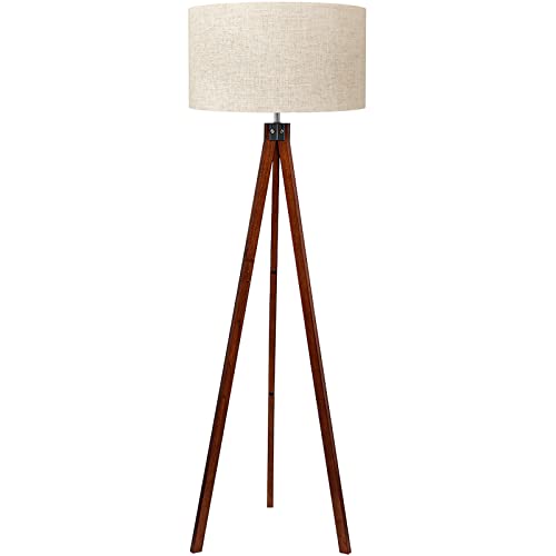 LEPOWER Wood Tripod Floor Lamp, Mid Century Standing Reading Light for Living Room, Bedroom, Study Room and Office, Modern Design, Flaxen Shade with E26 Base (Walnut)