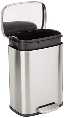 Amazon Basics Smudge Resistant Small Rectangular Trash Can With Soft-Close Foot Pedal, Brushed Stainless Steel, 5 Liter/1.32 Gallon,7.3 x 8.5 x 11.8 inches (LxWxH), Satin Nickel Finish