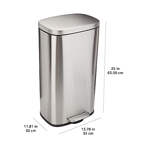 Amazon Basics Smudge Resistant Small Rectangular Trash Can With Soft-Close Foot Pedal, Brushed Stainless Steel, 5 Liter/1.32 Gallon,7.3 x 8.5 x 11.8 inches (LxWxH), Satin Nickel Finish