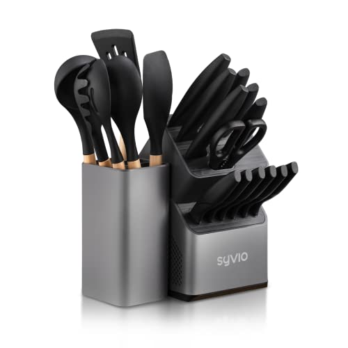 syvio Knife Sets for Kitchen with Block and 6 PCS Kitchen Utensils Set, 2023 New Knives Set for Kitchen 15 Pieces with Built-in Sharpener, Utensils Holder for Storing Kitchen Tools